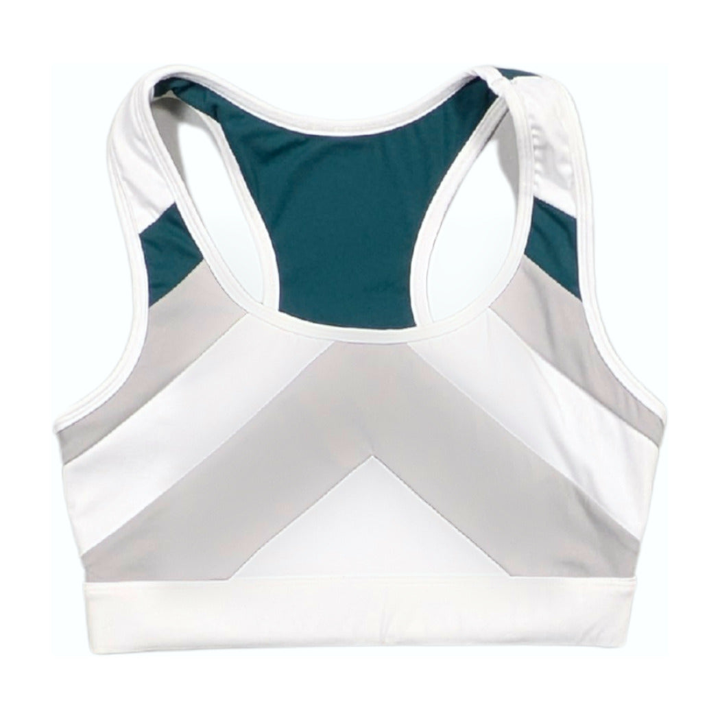 Teal, white and grey training top, front view