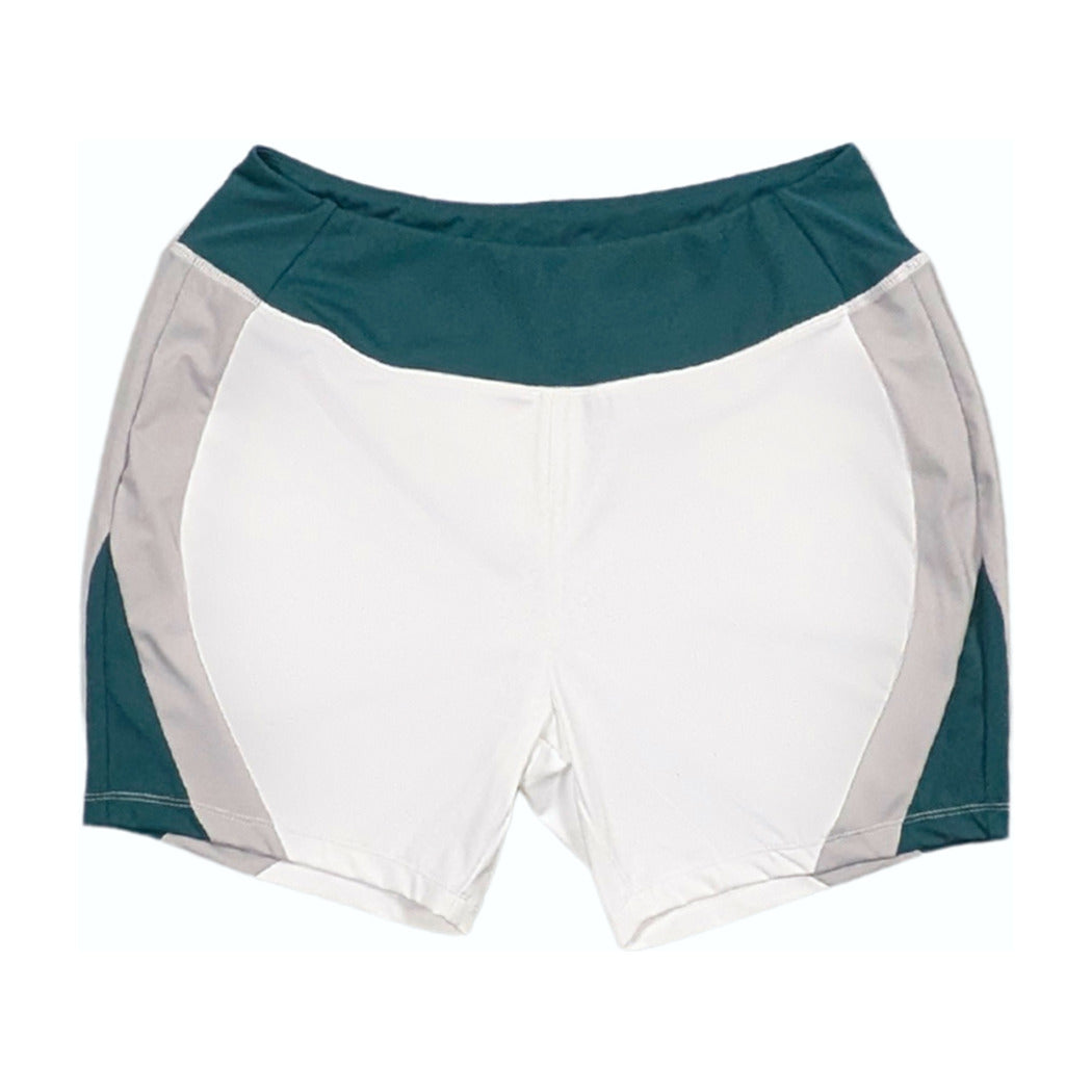 Teal, white and grey training shorts, front view