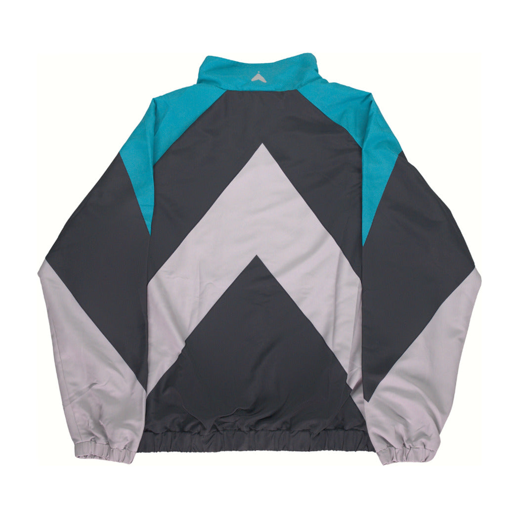 Black track jacket, back view