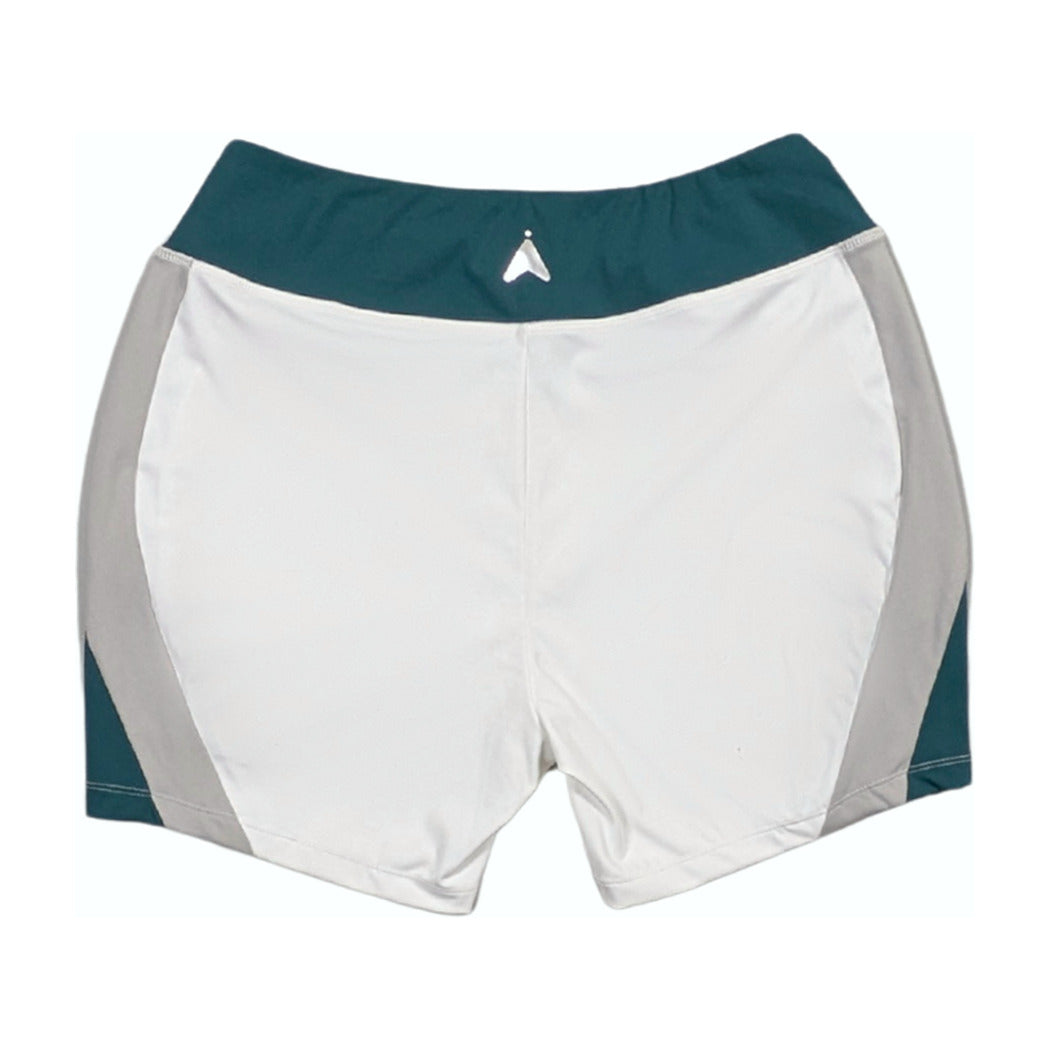 Teal, white and grey training shorts, back view