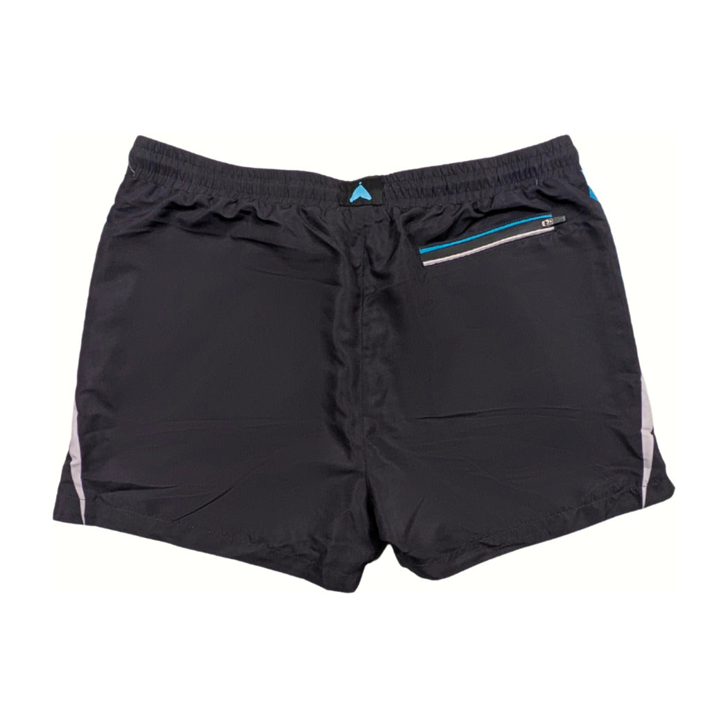 Black matching track shorts with teal trim, back view