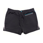 Black matching track shorts with teal trim, back view