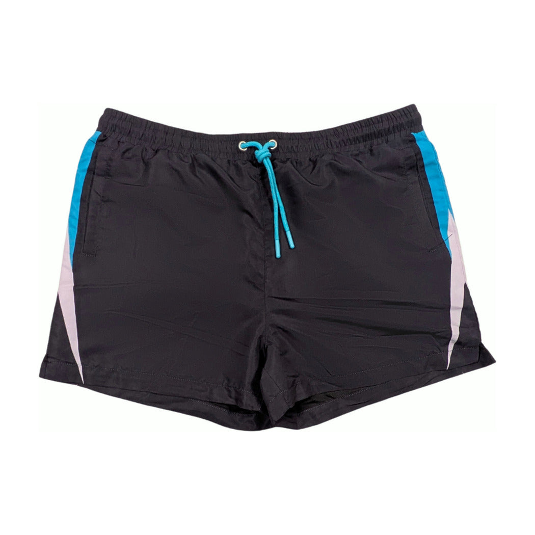 Black matching track shorts with teal trim, front view