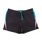 Black matching track shorts with teal trim, front view