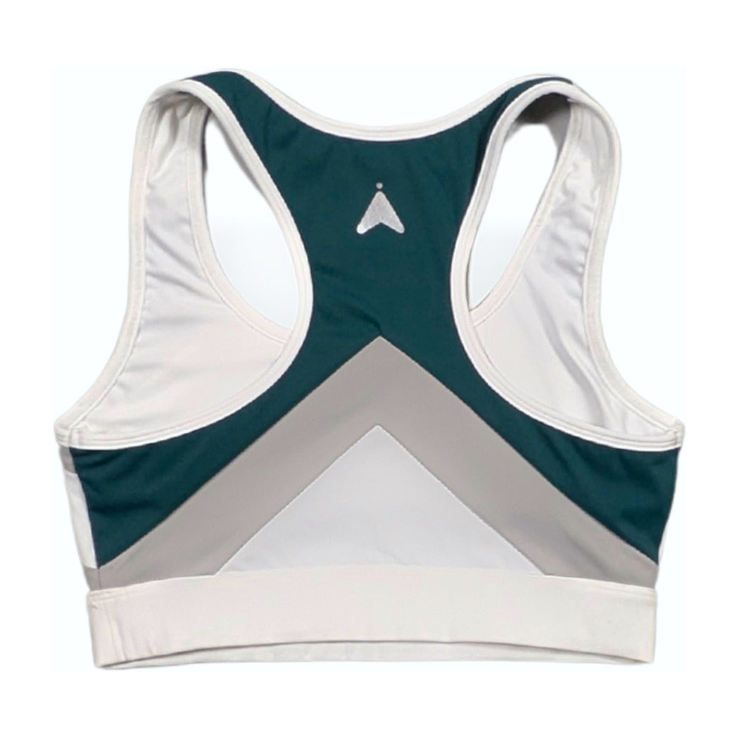 Teal, white and grey training top, back view