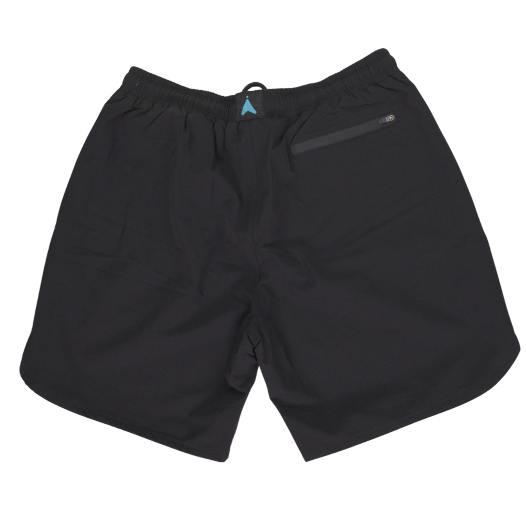 Black athletic shorts, back view