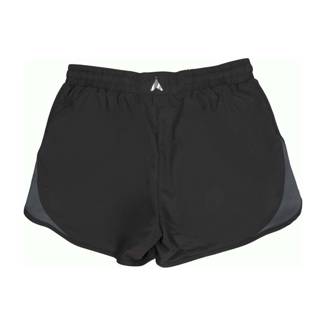 Black track shorts, back view