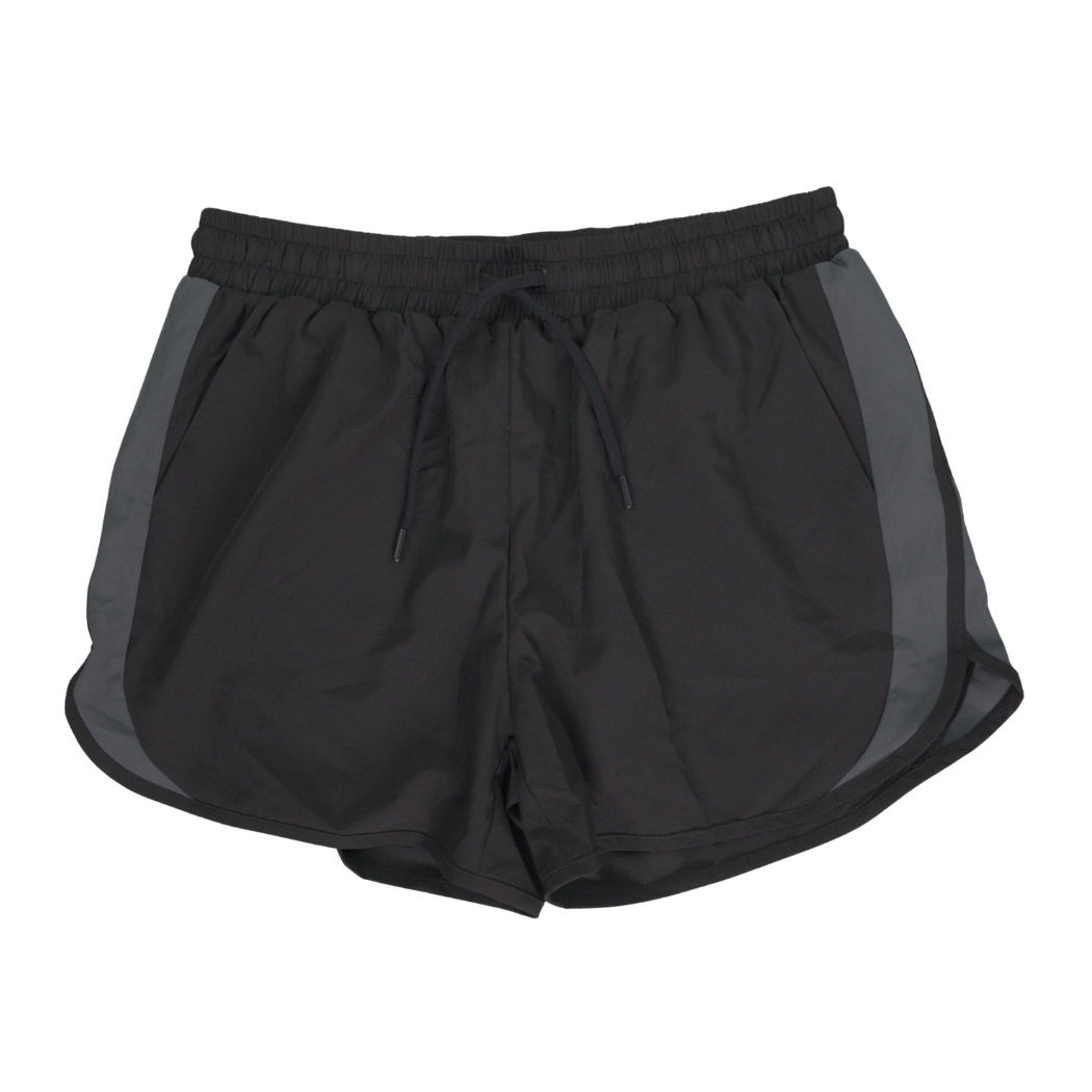 Black track shorts, front view
