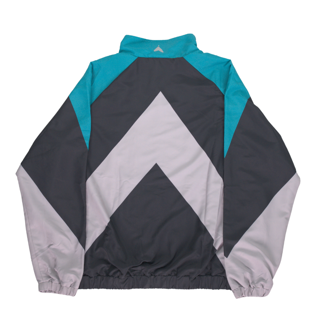 Black track jacket, back view