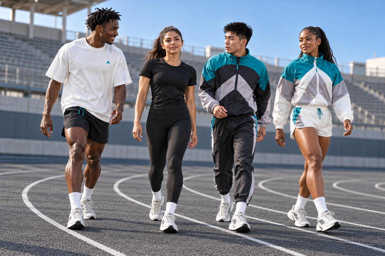 Four models wearing coordinating Angstrom athletic and track outfits on an outdoor court